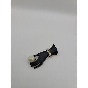 Vintage Brooch Pin Hand Black Bead Cabochon White Crystals Jewelry Costume *FLAW